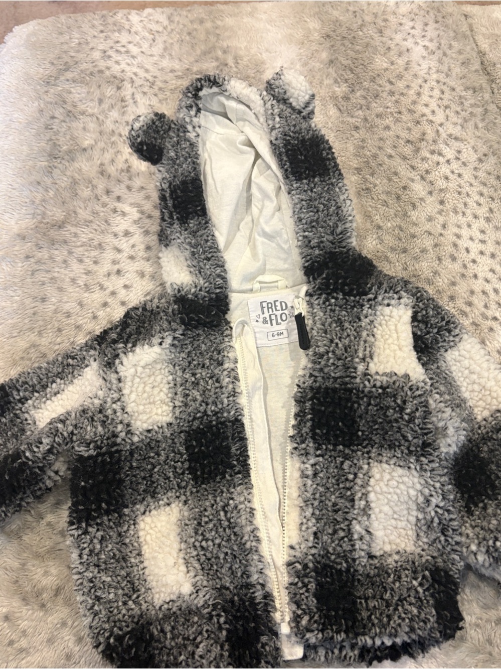Black & White Plaid Sherpa Hooded Jacket for Kids